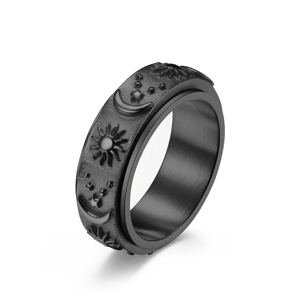 Fashion Sun Moon Star Rotatable Titanium Steel Bohemian Ring