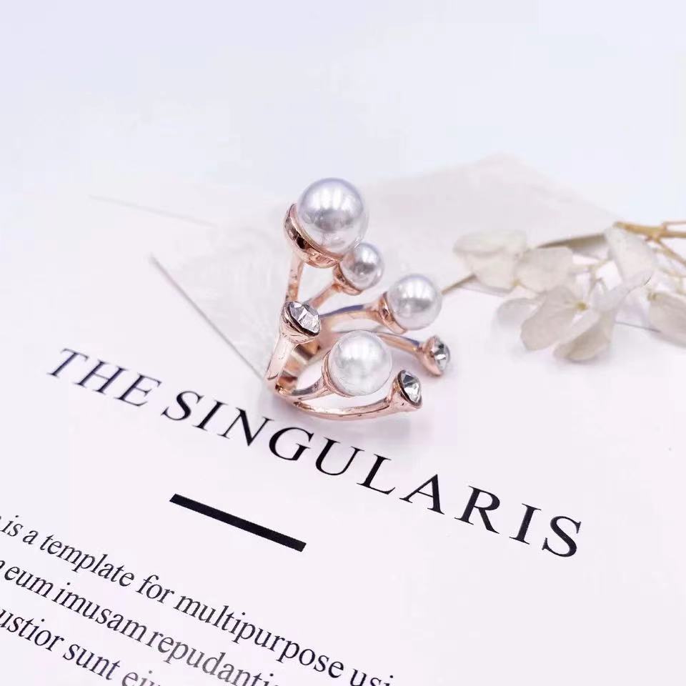 Sweet Flower Alloy Inlay Pearl and Diamond Geometric Open Ring for Women