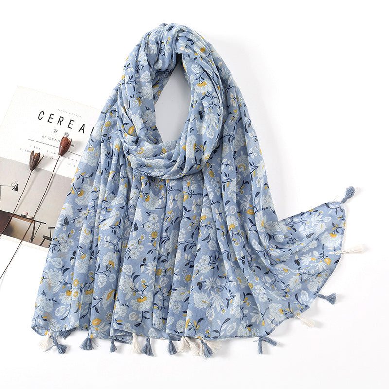 Women's Vintage Bohemian Floral Cotton Linen Print Scarf with Tassels