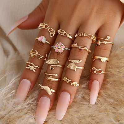 Fashion Animal Enamel Rose Fox Crane Dragonfly Cat Rings Set