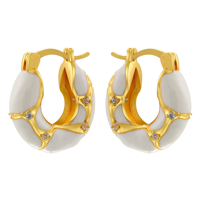 1 Pair Vintage U-Shape Enamel Inlay Zircon 18K Gold Plated Earrings