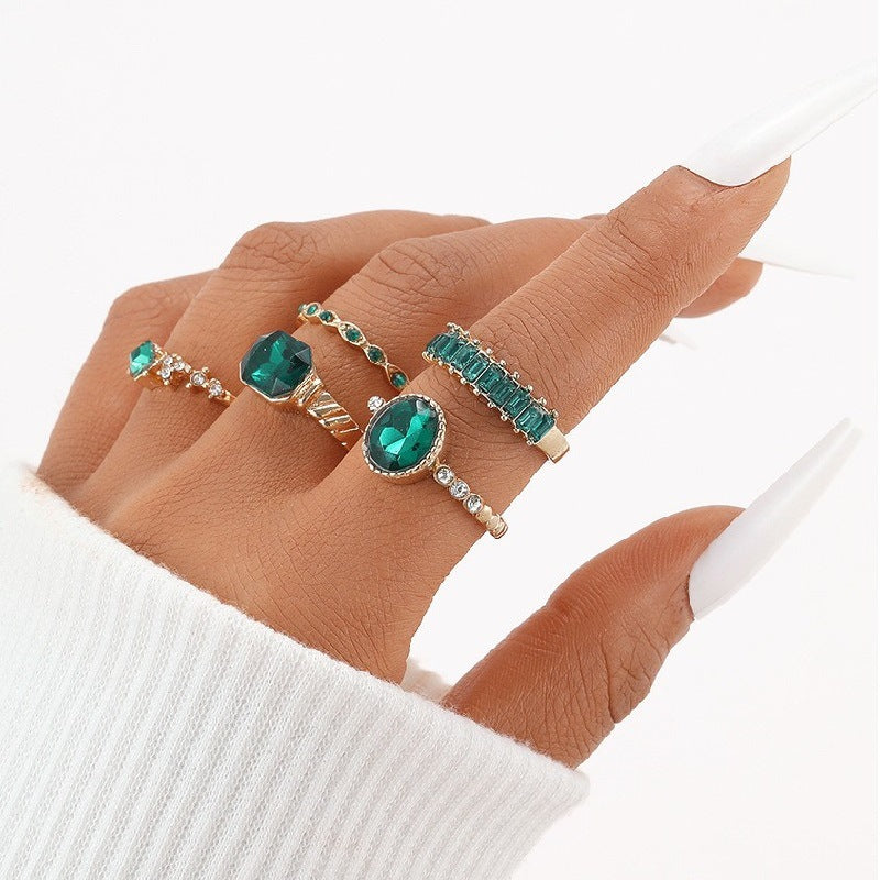 Geometric Alloy Inlay Green Gemstone Ring Set for Women