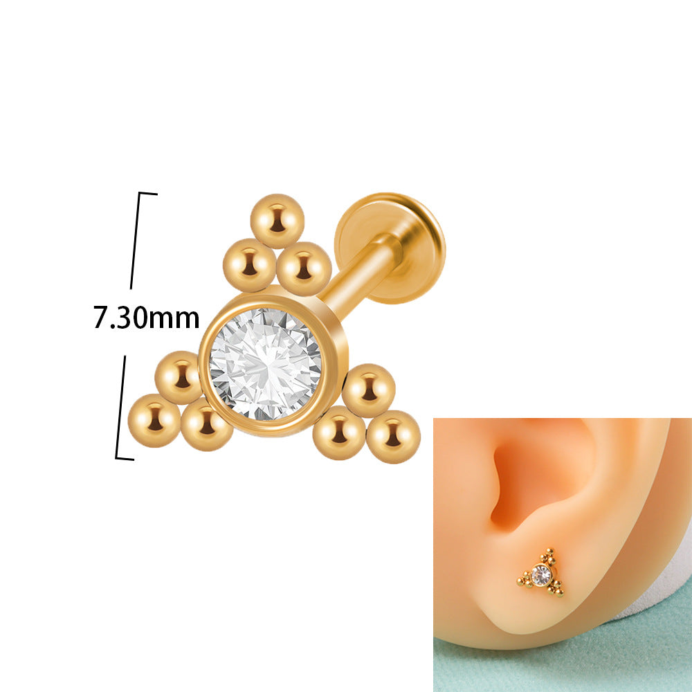 18K Gold Plated Geometric Stainless Steel Lip and Ear Stud Set with Rhinestones