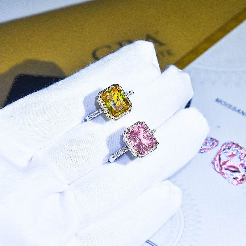 Geometric Copper Diamond Yellow Gemstone Ring with Princess Cut Pink Crystal