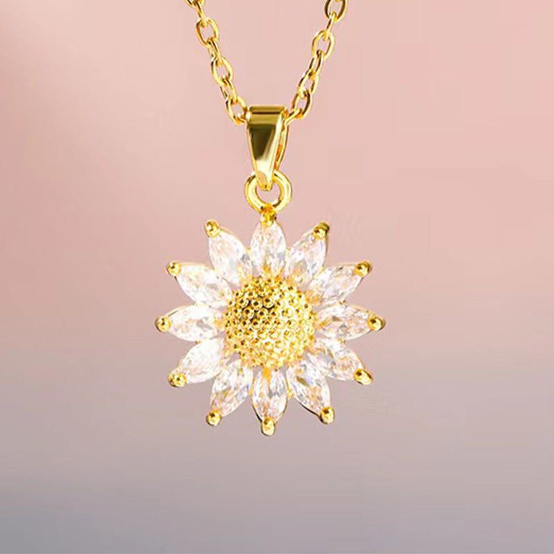 Fashion Sunflower Zircon Pendant Necklace - 18k Gold Plated Stainless Steel