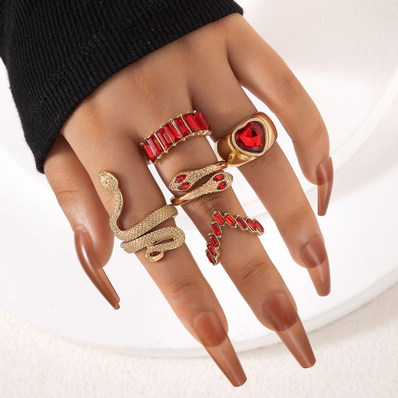 Fashion Heart Shape Snake Alloy Plating Rhinestones Unisex Rings 5 Pieces