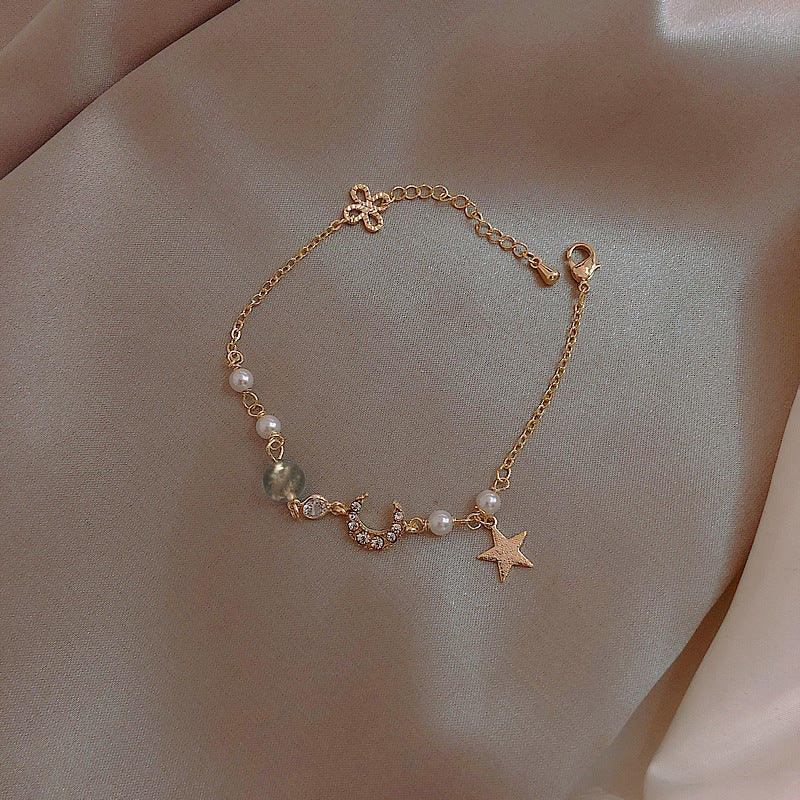 Elegant Star and Moon Zircon Pearl Women's Bracelet - Korean Fashion Design