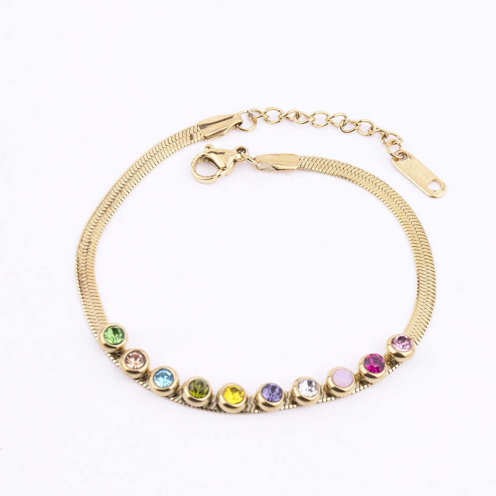 Simple Geometric Zircon Inlay Titanium Steel Bracelet with Gold Plated Snake Chain Design