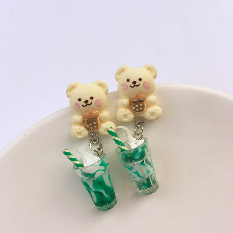 Creative Cute Ice Cream Pearl Milk Tea Bear Strawberry Resin Earrings