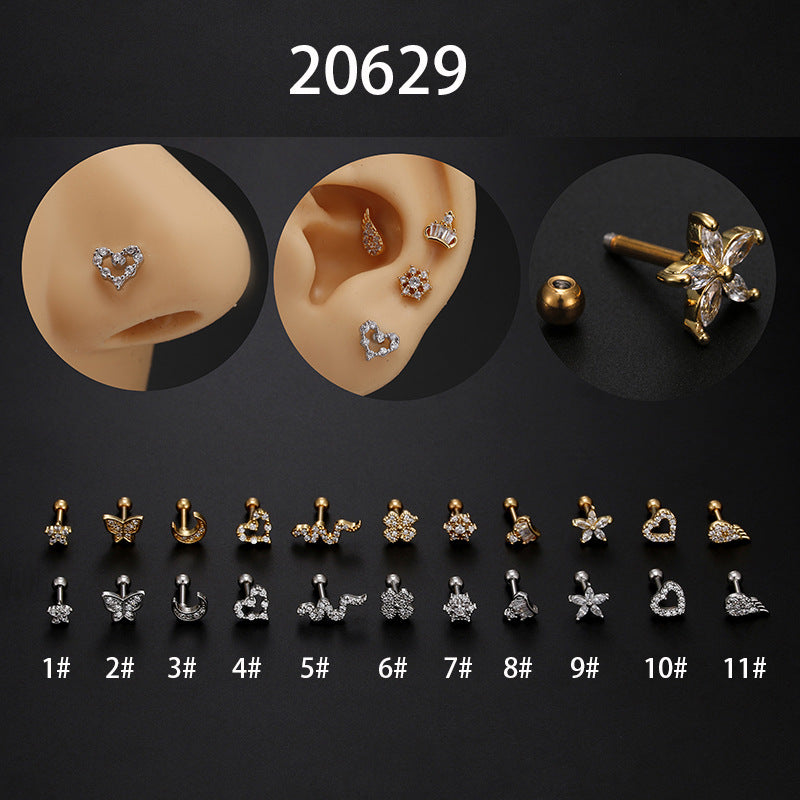 Fashion Heart Shape Stainless Steel Inlay Zircon Ear Studs 1 Piece