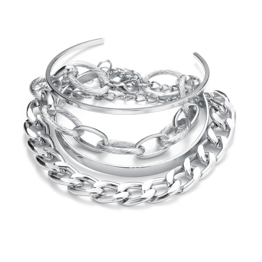 Punk Style Multi-Layer Snake Bone and Glossy Chain Bracelet Set with Square Filigree Open Design