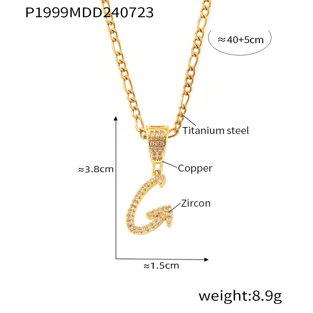 18K Gold Plated Titanium Steel Cursive Letter Pendant Necklace with Zircon Accents