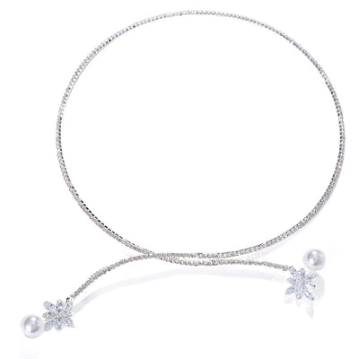 Geometric Flower Rhinestone Pearl Bridal Choker Necklace