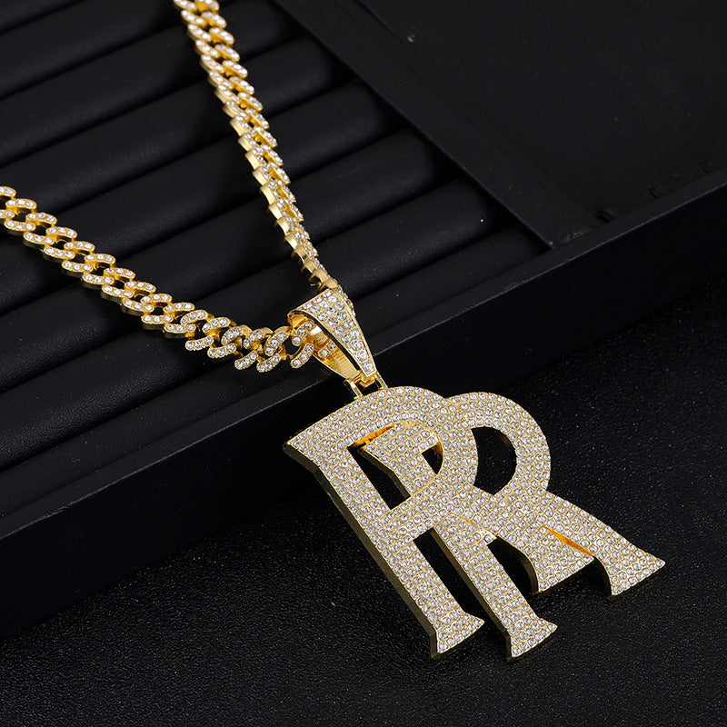 Hip-Hop Double R Letter Rhinestone Pendant Necklace in Gold Cuban Link