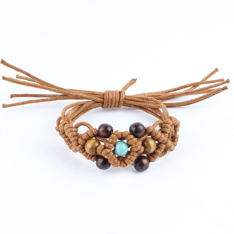 Unisex Ethnic Style Flower Wooden Beads Wax Line Adjustable Bracelet