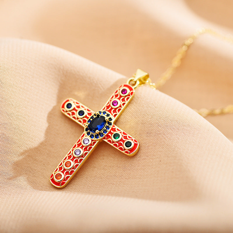 Roman Cross Zircon Inlay Enamel Pendant Necklace