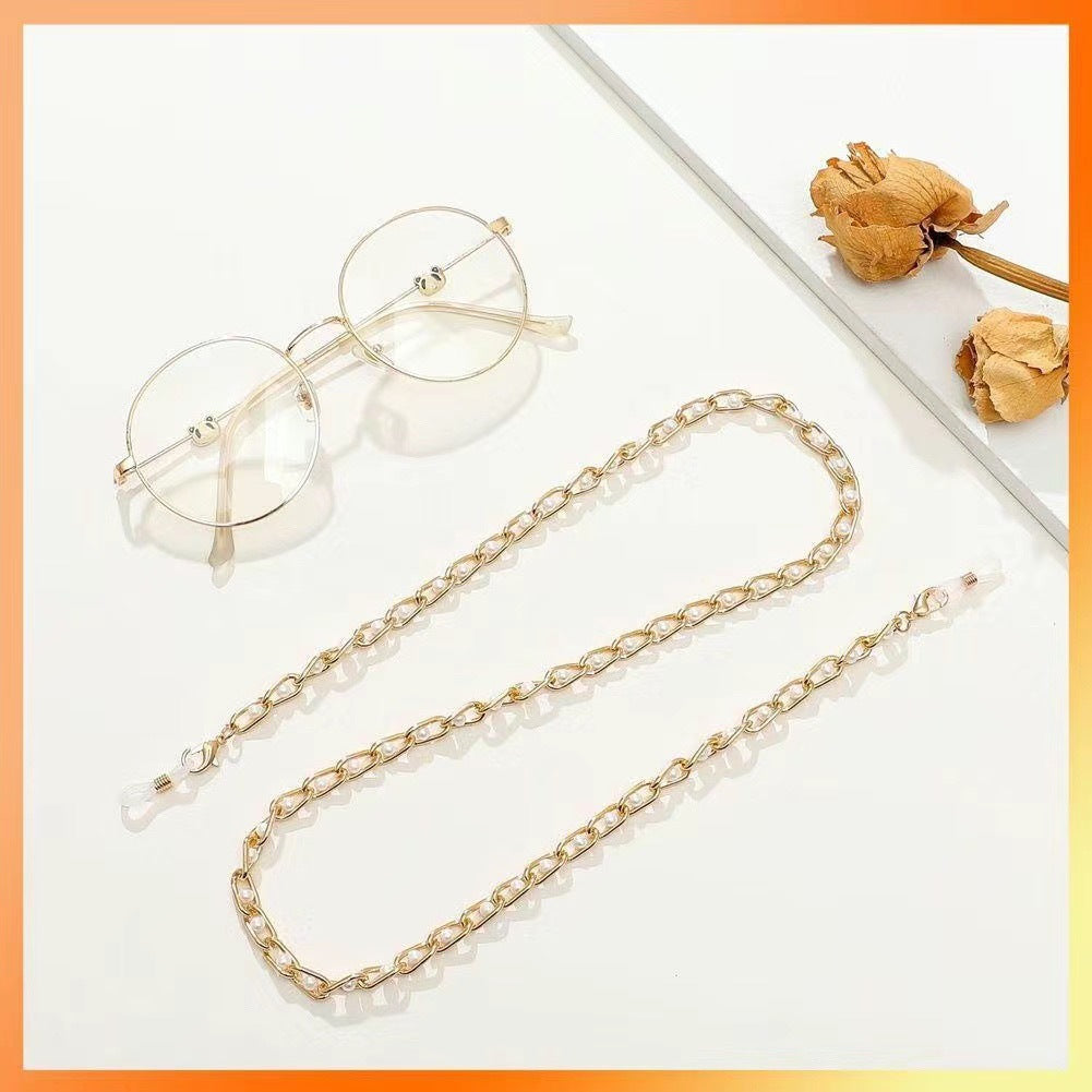 Fashion Geometric Alloy Shell Crystal Pearl Glasses and Mask Chain