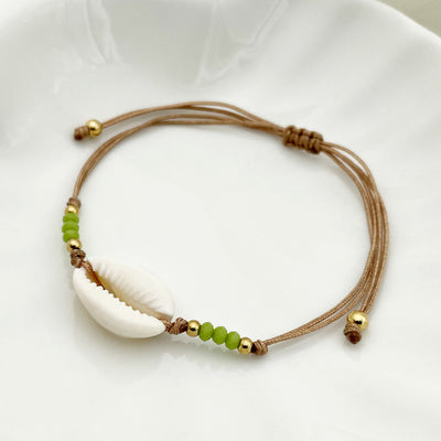 Casual Marine Style Adjustable Shell Bracelet with Green Crystal Beads and 14K Gold Plated Accents