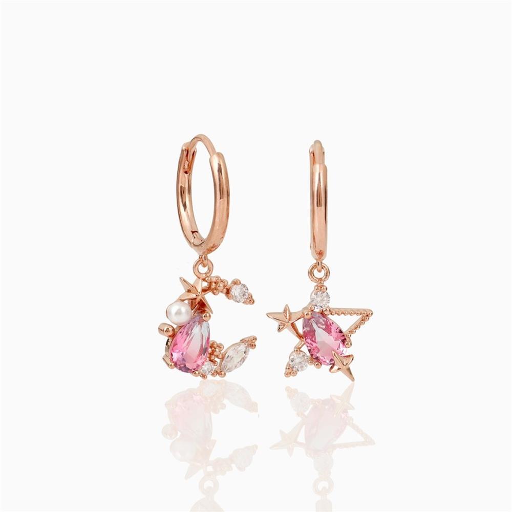 INS Style Asymmetric Star and Moon Zircon Earrings in 18K Gold Plated Copper