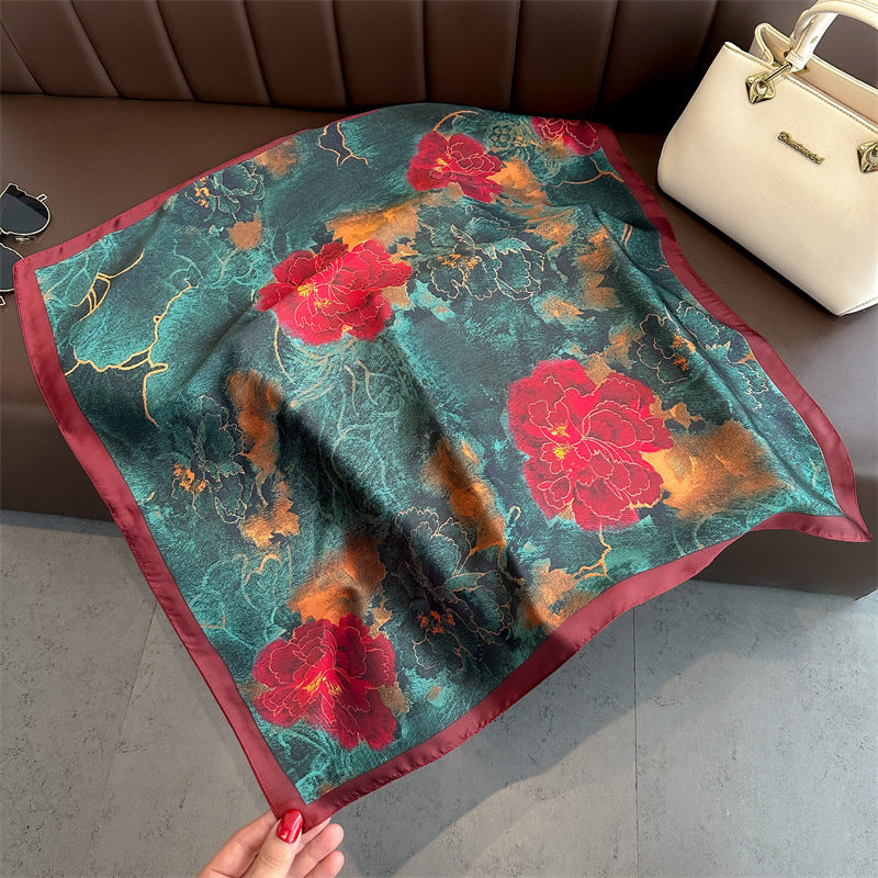 Women's Color Block Cat Print Polyester Silk Square Scarf 70cm