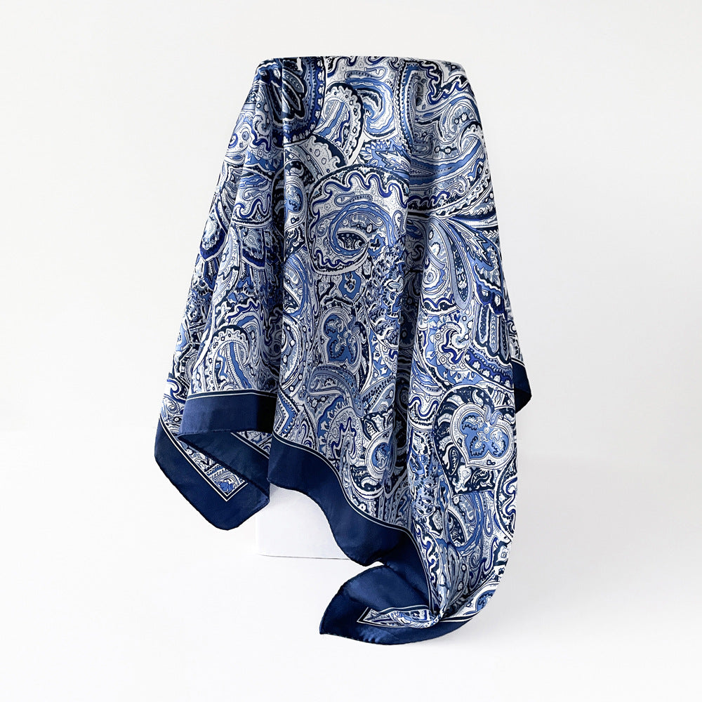 Unisex Blue Paisley Print Satin Silk Scarf Shawl