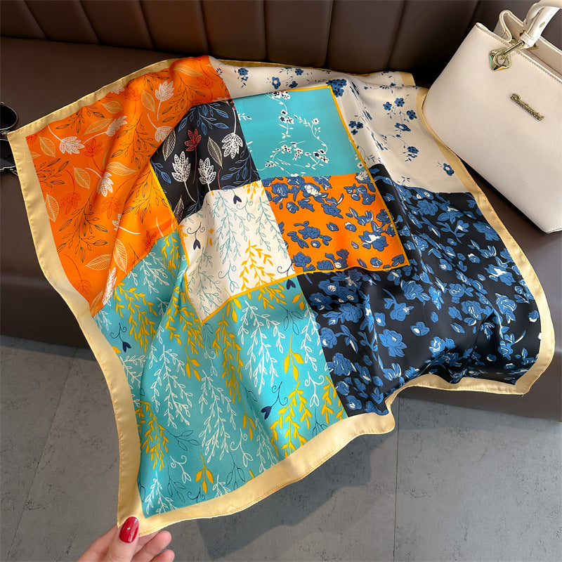 Women's Color Block Cat Print Polyester Silk Square Scarf 70cm