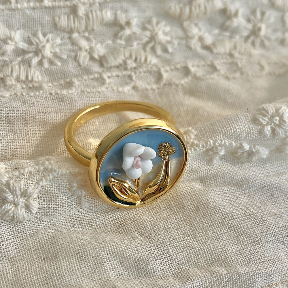 18K Gold Plated Baroque Pearl Blue Enamel Flower Open Ring