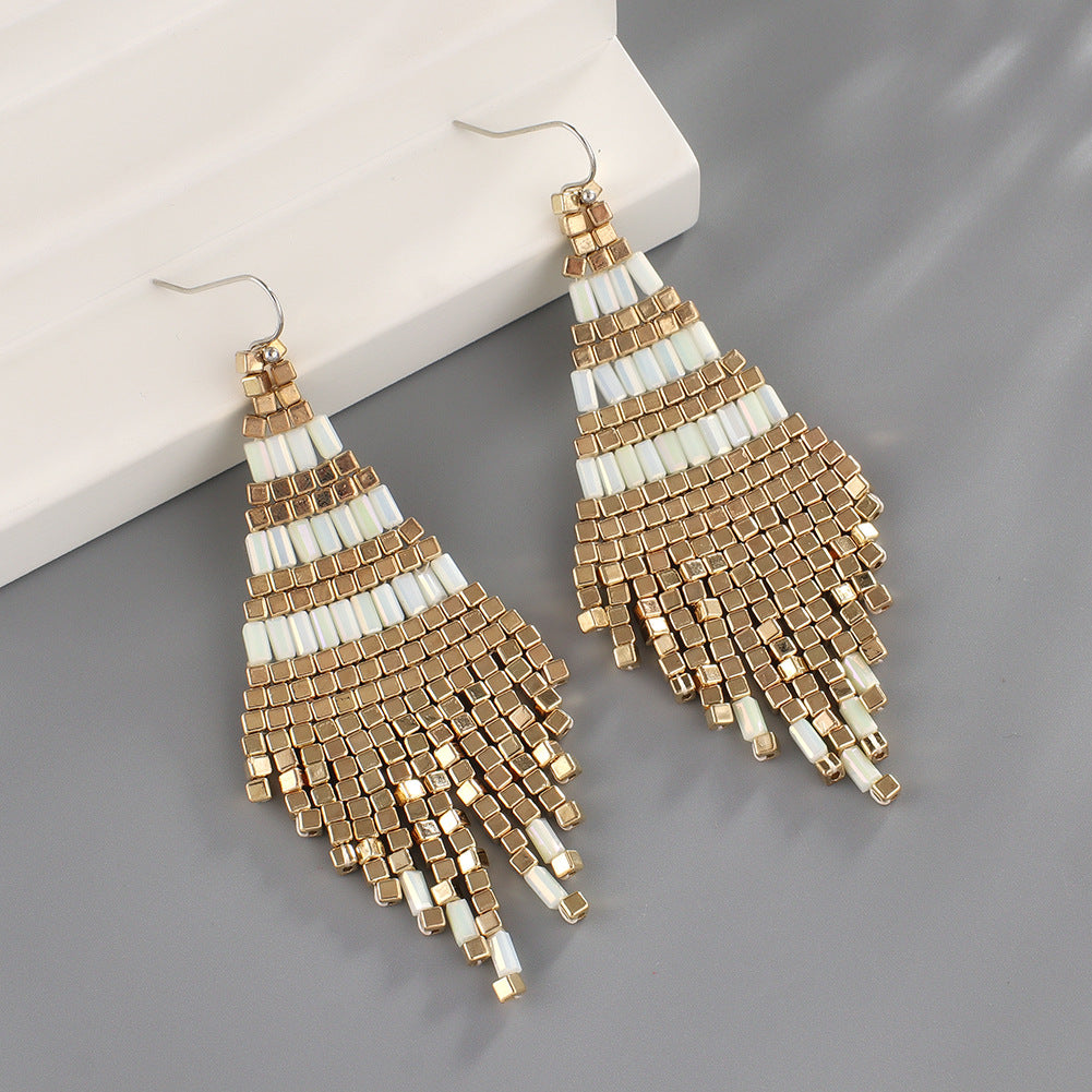 Bohemian Color Block Seed Bead Tassel Earrings