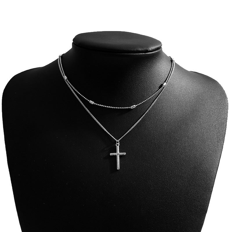 Basic Modern Geometric Cross Double Layer Pendant Necklace