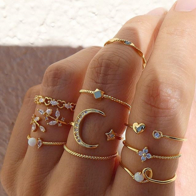 Retro Geometric Bohemian Crystal Moon Ring Set - 11 Piece Vintage Style Jewelry