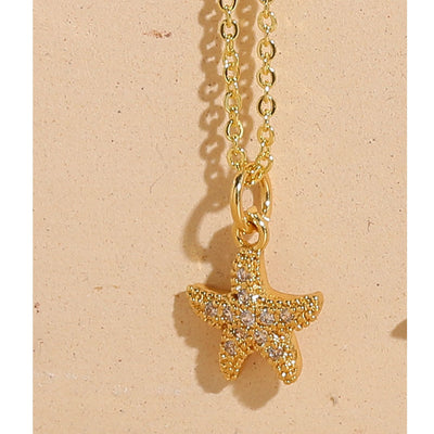 Vacation Beach Starfish Zircon Pendant Necklace - 14k Gold & White Gold Plated Ocean Series Choker