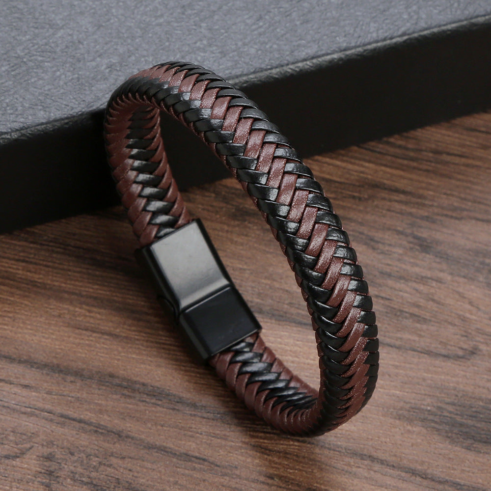 Retro Solid Color Leather Magnetic Clasp Braided Bracelet for Men