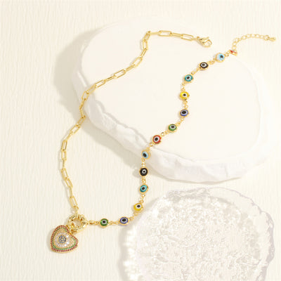 18k Gold Plated Heart & Eye Pendant Necklace with Glass Beads