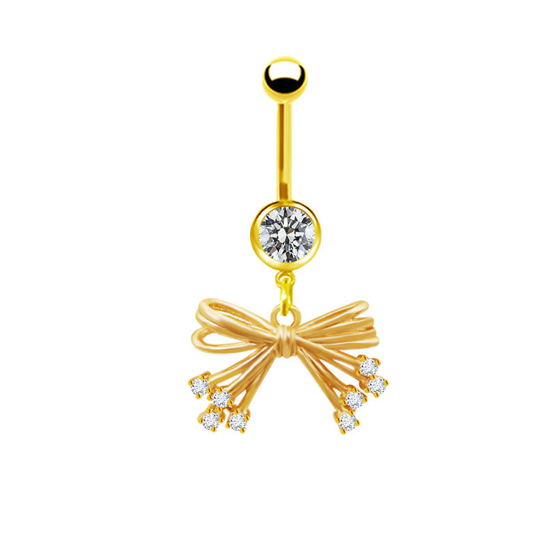 Elegant Bow Knot Belly Ring - 316 Stainless Steel with Rhinestones and Gold Plating