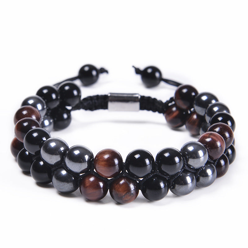 Geometric Blue Tiger Eye & Black Agate Double Layer Handmade Bracelet