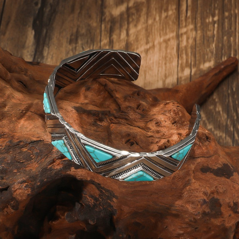 Ethnic Bohemian Geometric Turquoise Open Cuff Bracelet