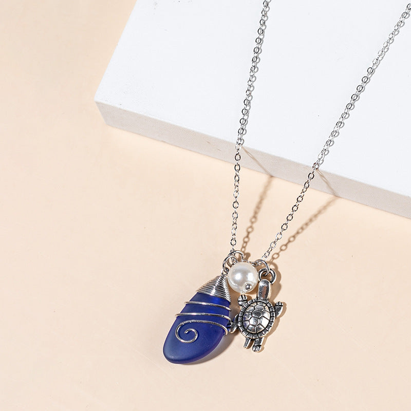 Beach Seashore Alloy Glass Sea Turtle Pendant Necklace for Women