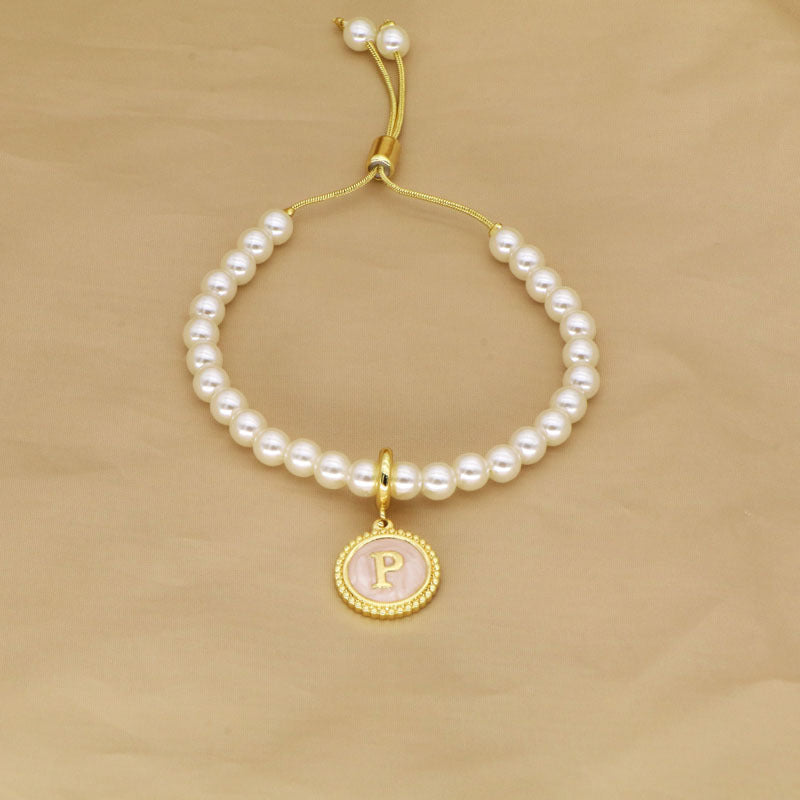 18K Gold Plated Adjustable Letter Pendant Imitation Pearl Bracelet