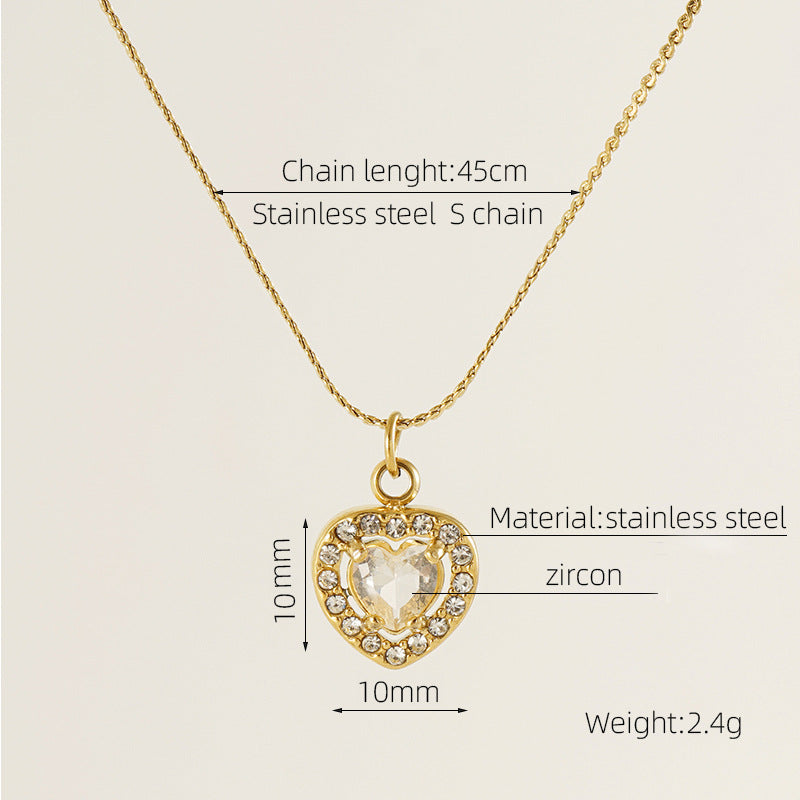 Glam Shiny Heart Shape Zircon Inlay 18K Gold Plated Stainless Steel Layered Pendant Necklace