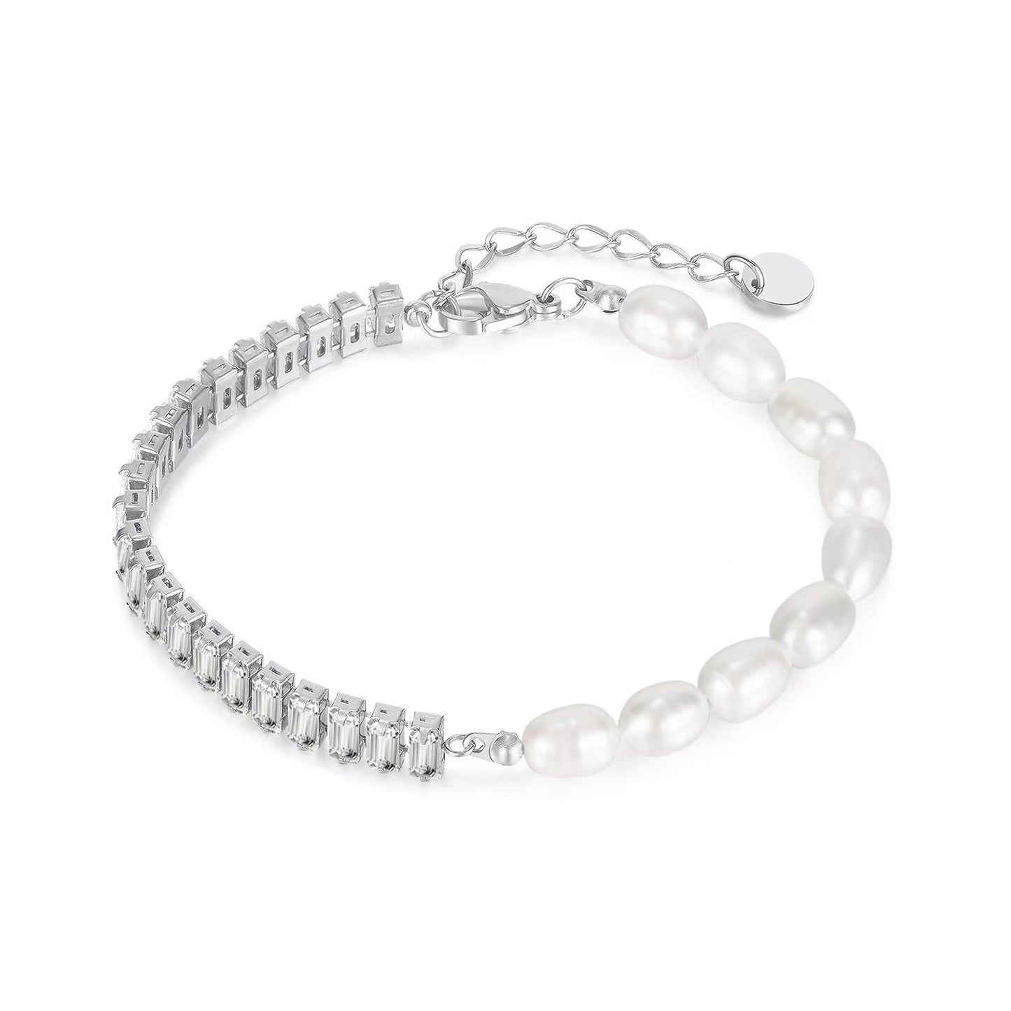 Sweet Geometric Stainless Steel Zircon and Pearl Bracelet