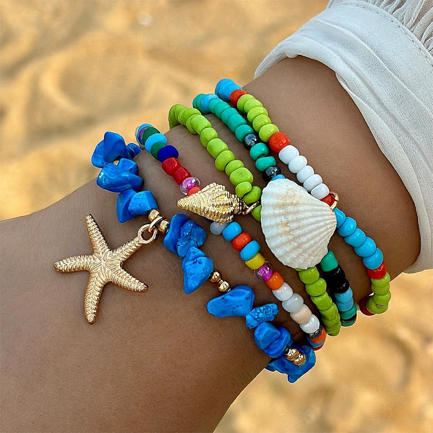 Bohemian Geometric Starfish Shell Beaded Knitting Women's Bracelet Set