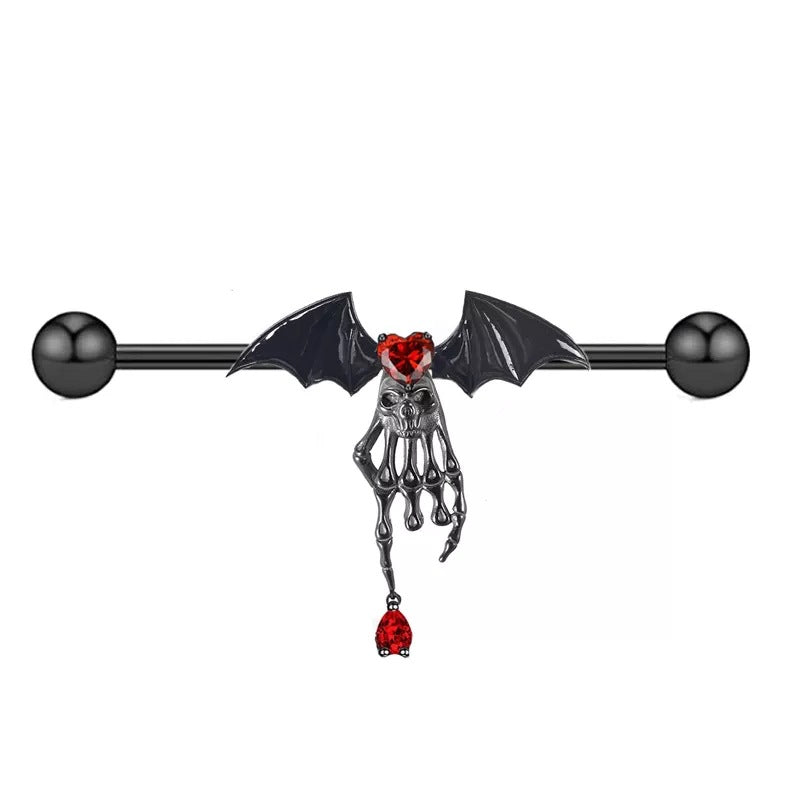 Gothic Bat Skull Stainless Steel Zircon Earrings and Heart Navel Ring Set