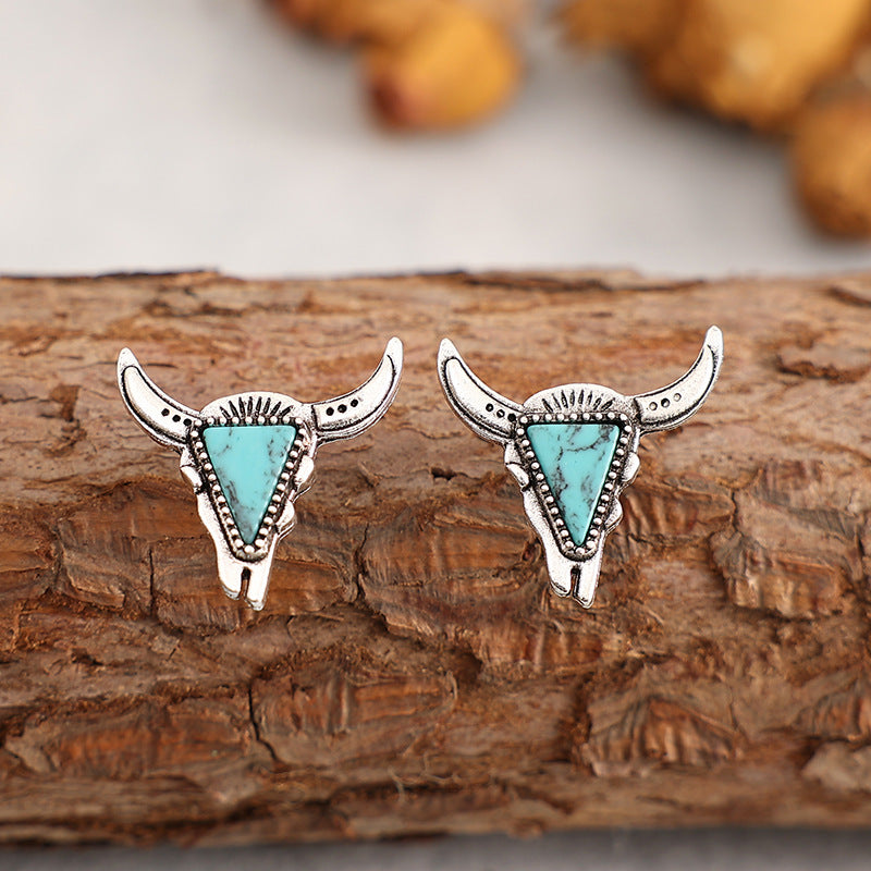 Cowboy Style Cattle Alloy Ear Hook with Turquoise Bull Head Earrings