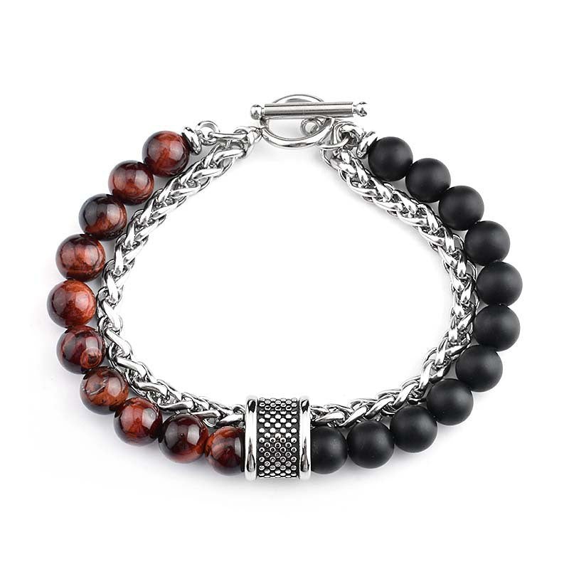 Casual Stainless Steel Matte Black Stone Beaded Men's Bracelet