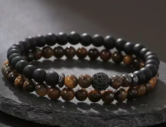 Copper Geometric Tiger Eye Bracelet with Zircon Bead Double Layer