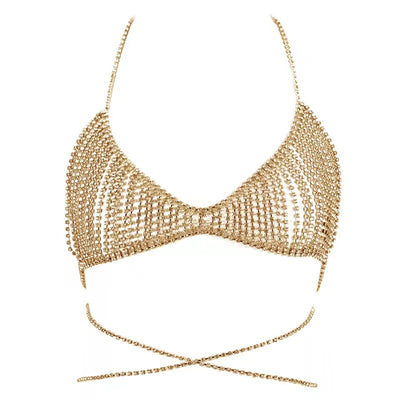 Fashion Hollow Fishnet Rhinestone Body Chain Bra