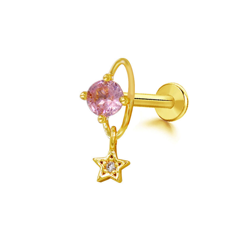 Hip-Hop Rock Star Moon Bat Crown Pink Pendant Lip Stud 316L Stainless Steel Gold Plated Piercing Jewelry