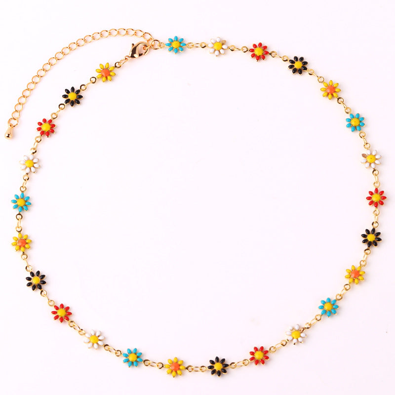 Fashion Daisy Enamel Flower Necklace and Bracelet Set - 18k Gold Plated