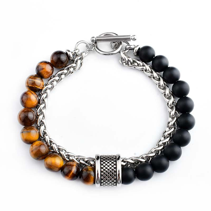 Casual Stainless Steel Matte Black Stone Beaded Men's Bracelet