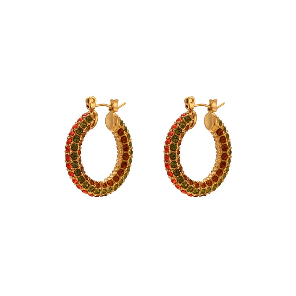 Vintage Color Block Zircon Inlay 18K Gold Plated Stainless Steel Jewelry Set